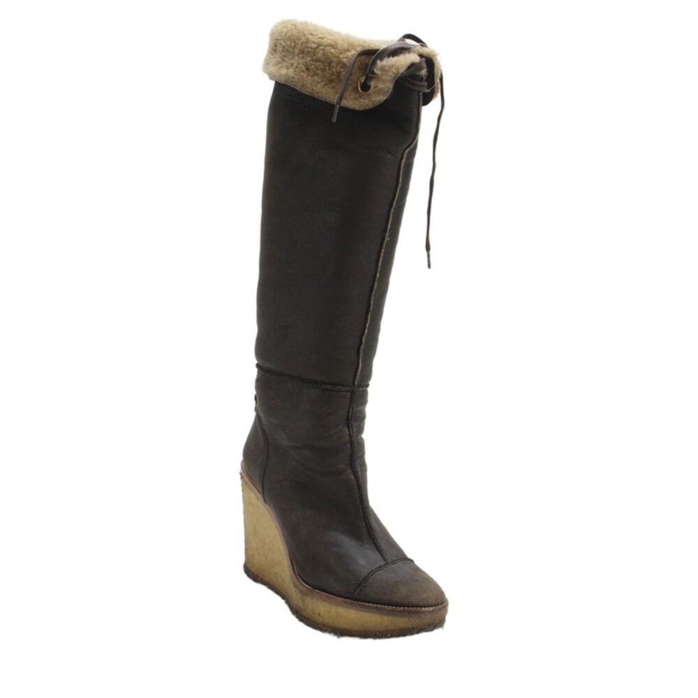 Yves Saint Laurent Womens Leather Round Toe Wedge Boots Brown Size 7